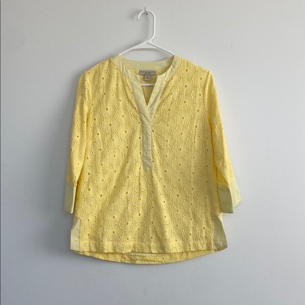Appleseed's Yellow 3/4 Sleeve Eyelet Blouse with Mandarin Collar